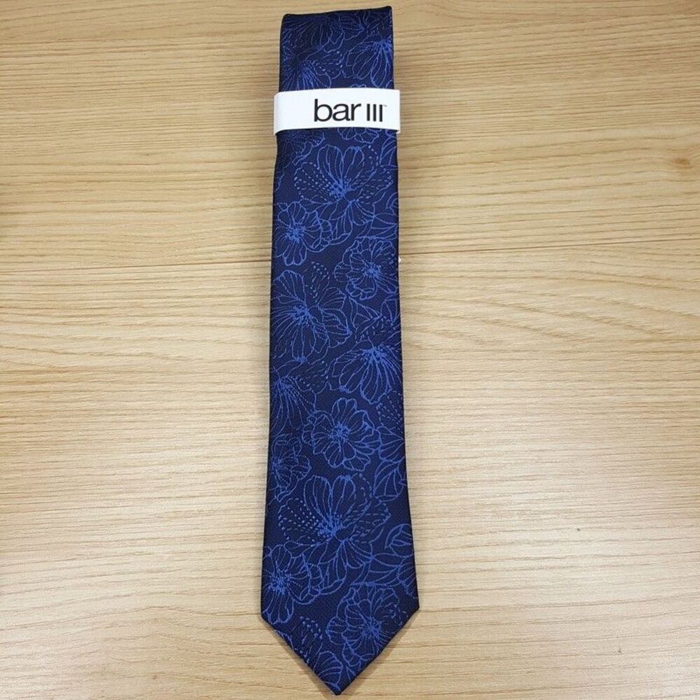 BAR III Mens Neck Tie Blue Floral Skinny Slim Woven Textured Silk Blend Necktie